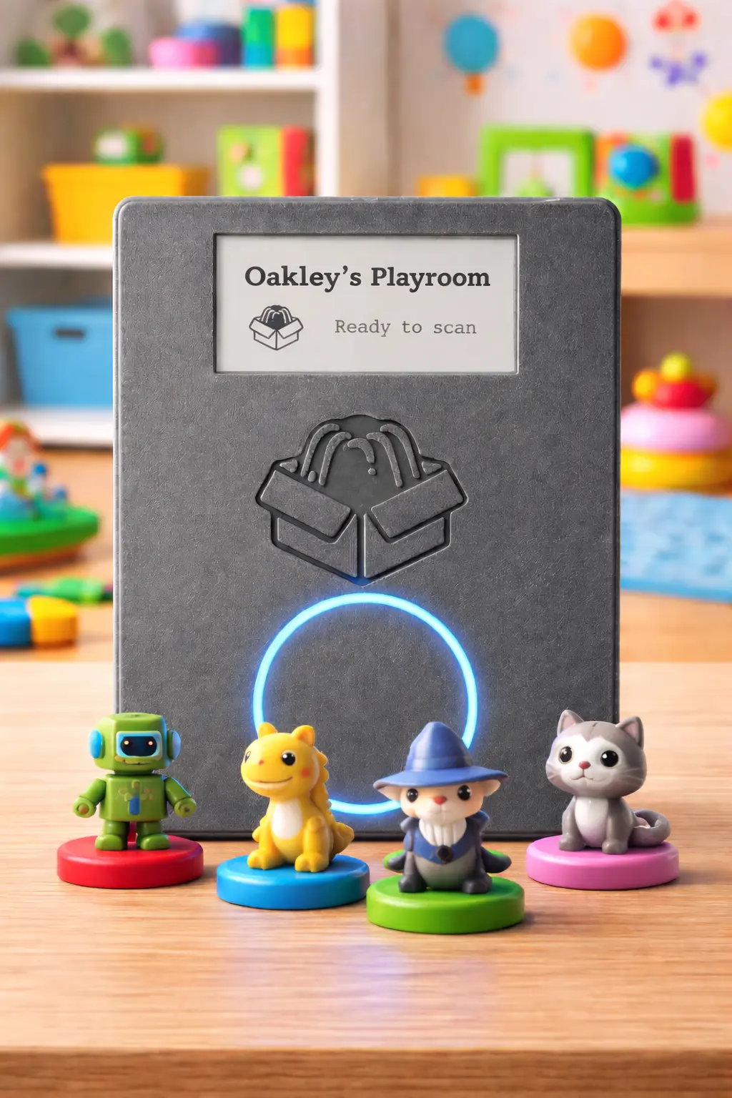 Jellybox device with a row of tagged discs in front of it