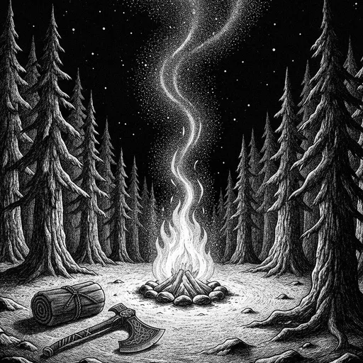 A campfire burning in a dark pine forest, an axe and a log resting in the foreground.