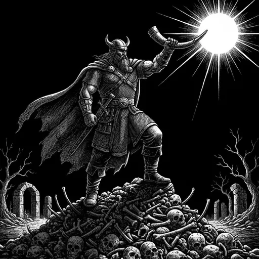 A horned Viking stands on a heap of skulls and bones, raising a war horn toward a blazing sun.